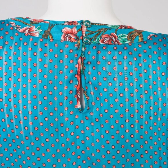 Diane Freis 1980s Vintage Coral & Blue Polka-Dot Georgette Balloon Sleeve Blouse - Picture 5 of 6